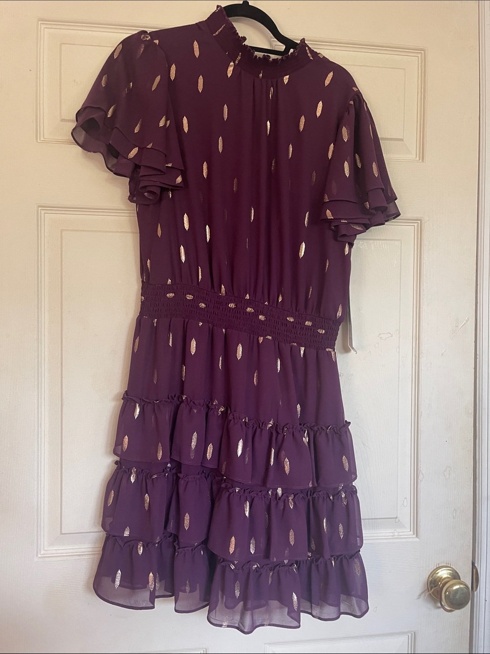 MSK Plum Ruffled Tiered Dress with Gold Leaf Accents